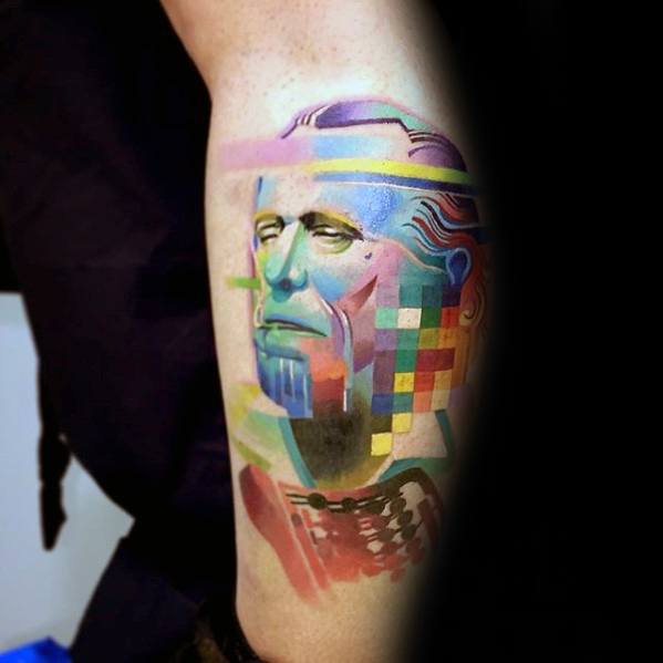 Colorful glitch tattoo of a classical bust with rainbow pixel blocks and digital distortion, blending realism with vibrant abstraction
