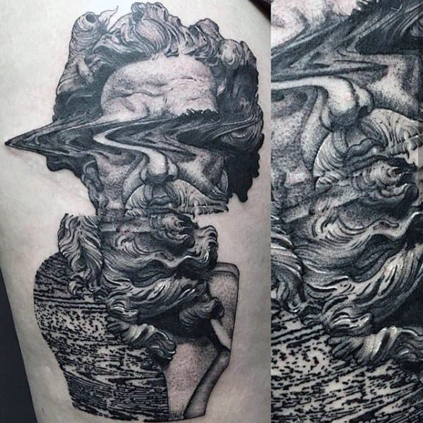 Glitch tattoo of a classical statue bust with heavy horizontal distortions and pixel-like textures, merging digital chaos with fine art