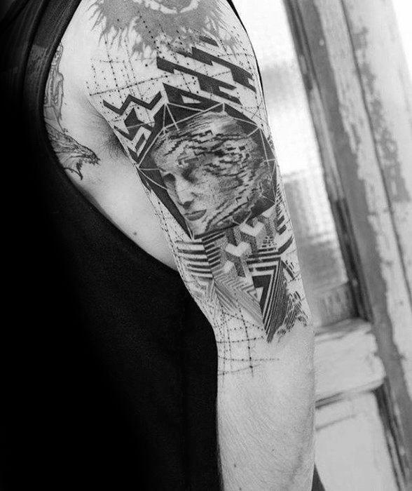 Abstract glitch tattoo featuring a classical face with warped lines, geometric patterns, and fragmented textures on the upper arm