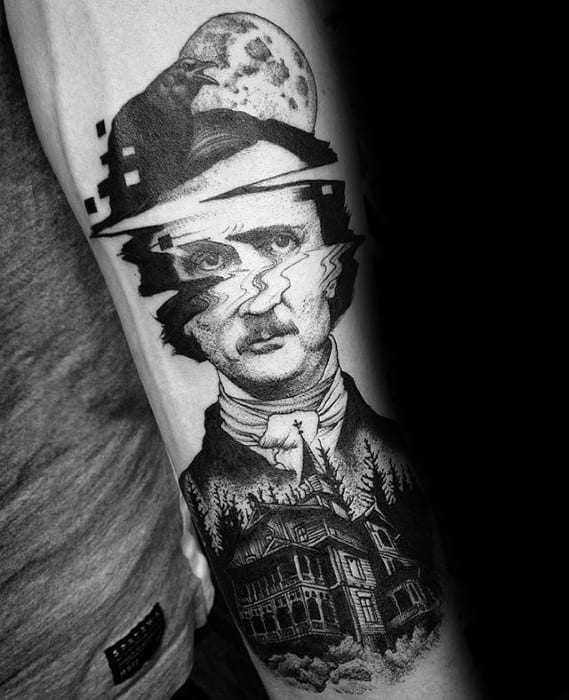 Glitch tattoo of Edgar Allan Poe with a distorted face, full moon above, and a haunted Victorian house below, creating a gothic horror vibe