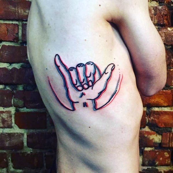 Minimalist glitch tattoo of a hand making the shaka sign, outlined with red and blue offset lines for a 3D digital effect