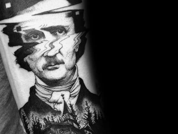 Black and grey surrealist tattoo of a historical figure with a distorted glitch effect, featuring eerie forest and gothic elements.