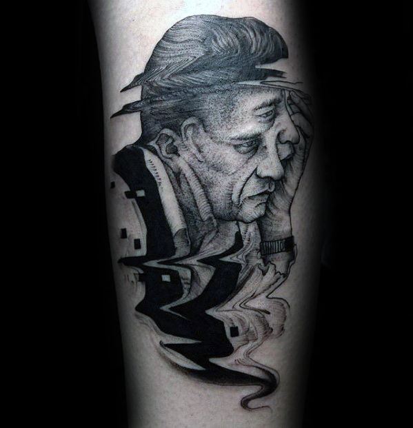 Glitch tattoo of a pensive elderly man resting his head on his hand, with lower half digitally distorted in bold, warped lines
