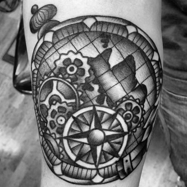 Globe With Gears Guys Compass Traditional Inner Forearm Tattoo
