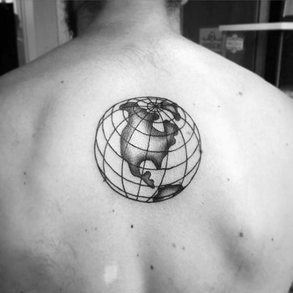 Globe tattoo showing North America with longitude and latitude lines on man's upper back