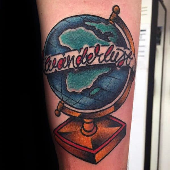 Globe With Wanderlust Banner Mens Old School Tattoo On Forearm