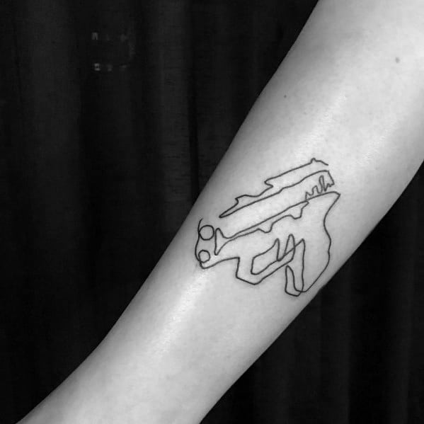 Minimalist single-line tattoo of a Glock pistol on the forearm, featuring a simple and abstract outline design for a modern and artistic look.