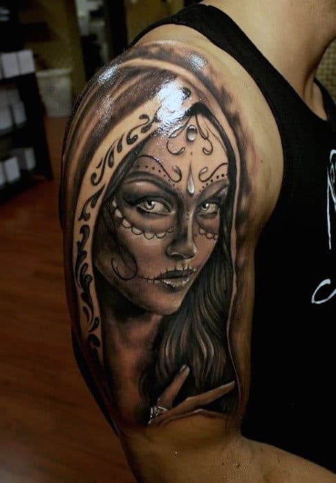 Glossy Beautiful Day Of The Dead Veiled Lady Tattoo Guys Arms