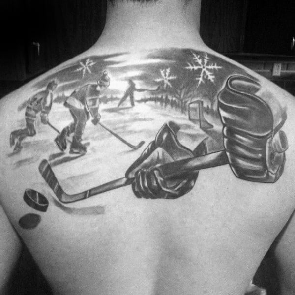 Gloves With Stick Moving Puck Guys Hockey Upper Back Tattoos