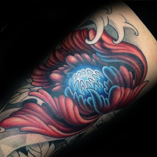 Glowing Blue And Red Ink Peony Flower Mens Arm Tattoos