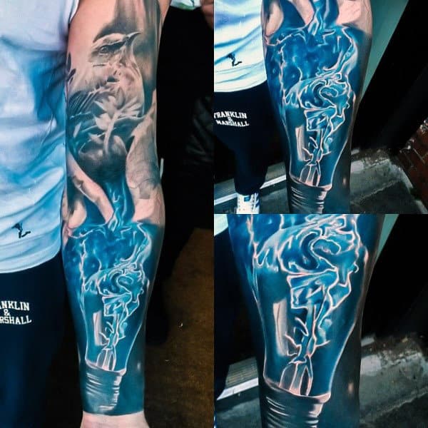Glowing Blue Bulb Tattoo Male Forearms