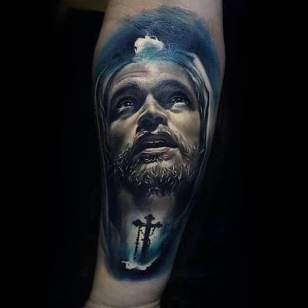 Glowing Blue Mens Jesus Cross Forearm Tattoo