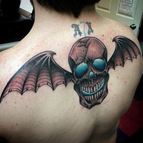 Glowing Blue Skull Deathbat Guys Avenged Sevenfold Upper Back Tattoo