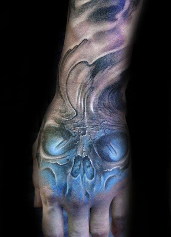 Glowing Blue Skull Shaded Mens Hand Tattoos