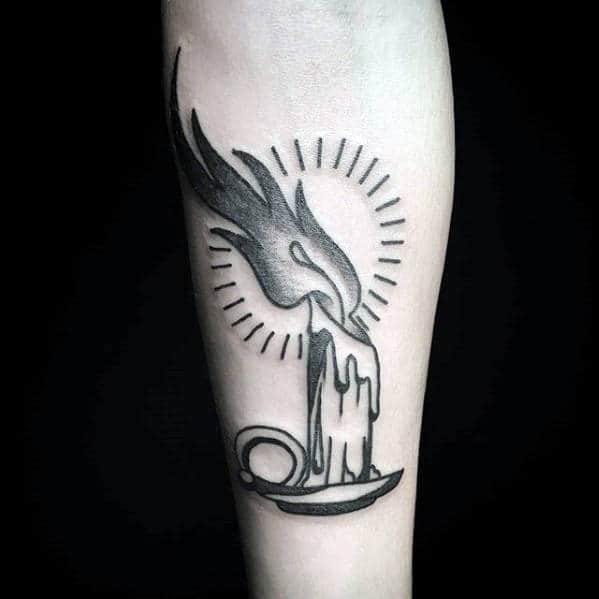 Glowing Candle Flame Traditional Male Tattoos On Inner Forearms