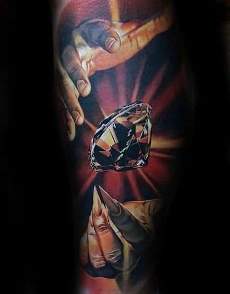 Glowing Diamond With Hands Unbelievable Male Sleeve Tattoo On Legs