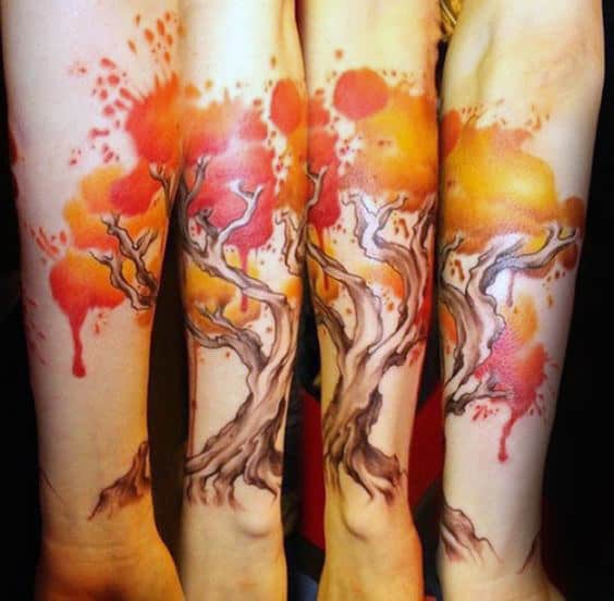 Glowing Fire Watercolor Tree Tattoo Male Forearms