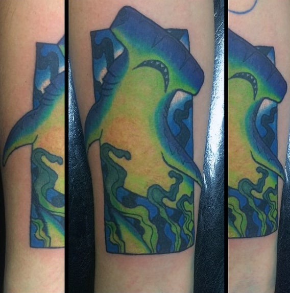 Glowing Green And Blue Hammerhead Shark Forearm Male Tattoo Ideas