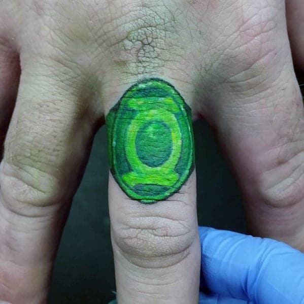 Glowing Green Lantern Mens Ring Tattoo Design On Finger