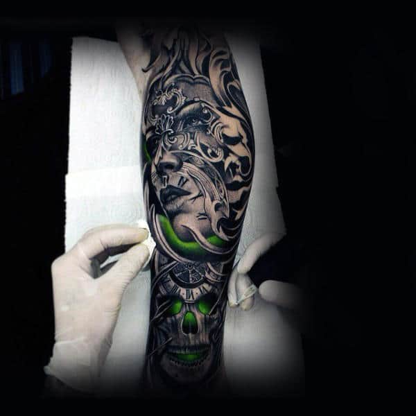 Glowing Green Skull Insane Guys Sleeve Tattoos