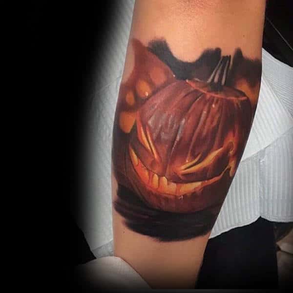 Glowing Halloween Pumpkin Tattoo Male Forearms