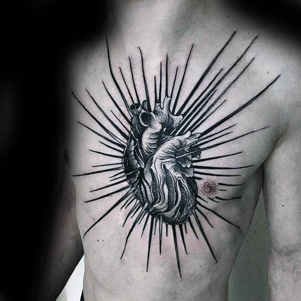 Glowing Heart Guys Badass Tattoo On Chest