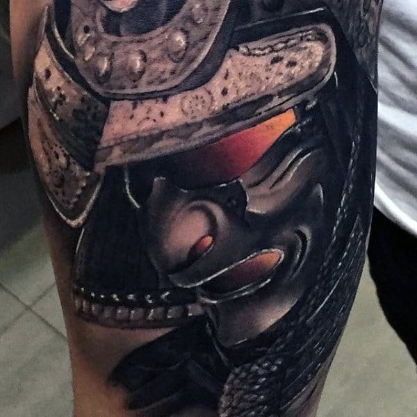 Glowing Orange And Red Eyes Japanese Mask And Samurai Helmet Mens Arm Tattoos