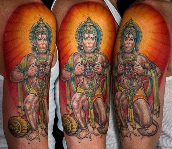 Glowing Orange Half Sleeve Guys Hanuman Tattoo Deisgns