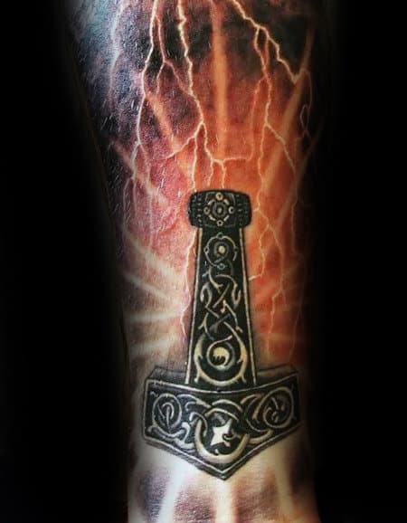 Glowing Orange Lighting Bolts Mjolnir Mens Sleeve Tattoos