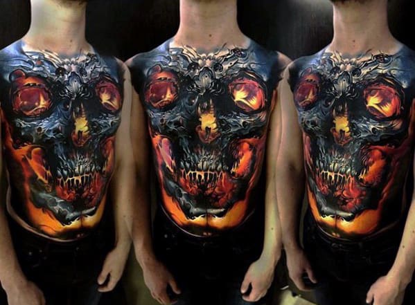 Glowing Realistic Skull Mens Full Chest Tattoo Designs