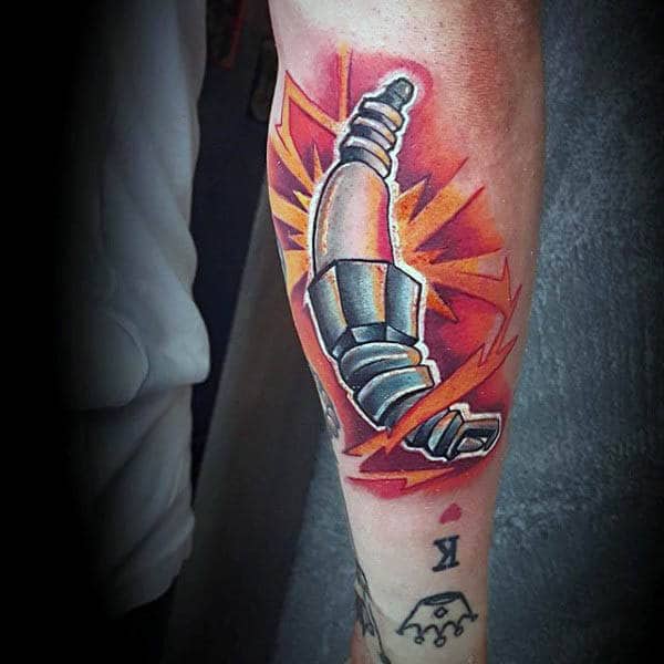 Glowing Red And Yellow Ink Guys Spark Plug Tattoo On Forearms