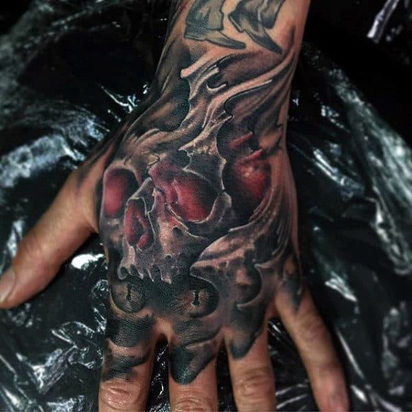 Glowing Red Ink Skull Mens Hand Tattoos