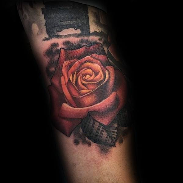 Glowing Rose Flower 3d Sharp Ditch Male Elbow Crease Tattoo Ideas