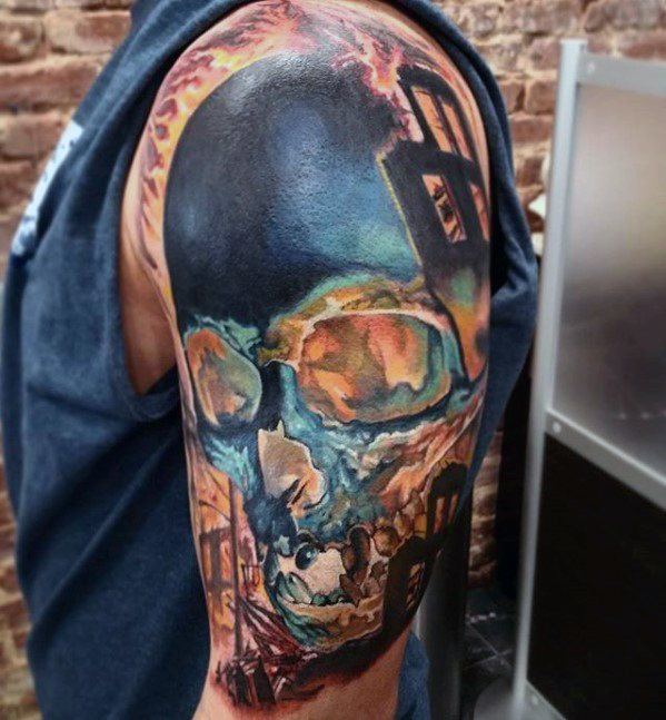 Glowing Skull Tattoo Cover Up Sleeve For Guys