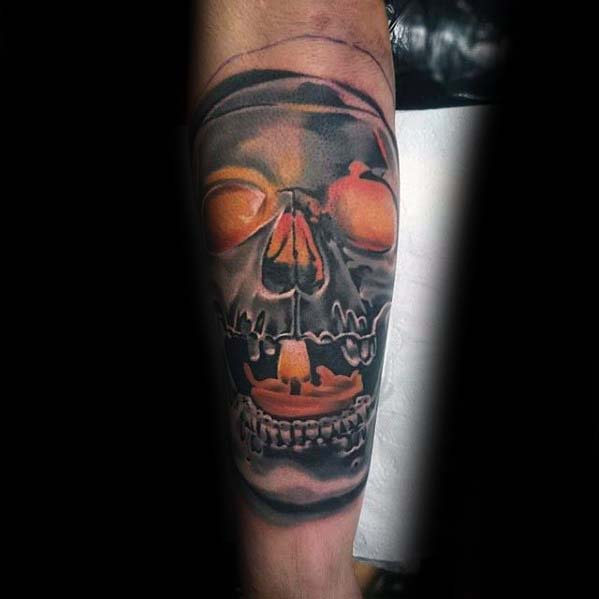 Glowing Skull With Orange Candle Badass Guys Inner Forearm Tattoos
