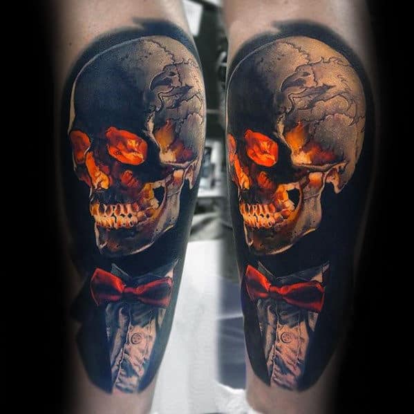 Glowing Skull With Suit And Tie Mens Unusual Realistic 3d Leg Tattoos