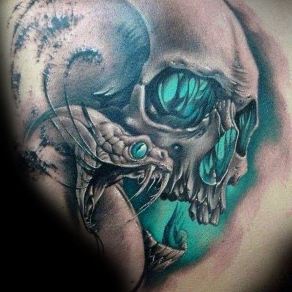 Tattoo of a skull with glowing eyes, interlaced with a snake, set against a turquoise background