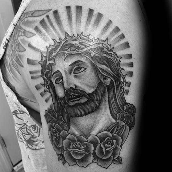 Glowing Traditional Jesus Mens Arm Tattoo