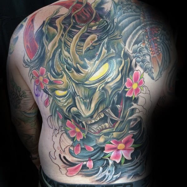 Glowing Yellow Eyes Hannya Mask Guys Back Tattoos