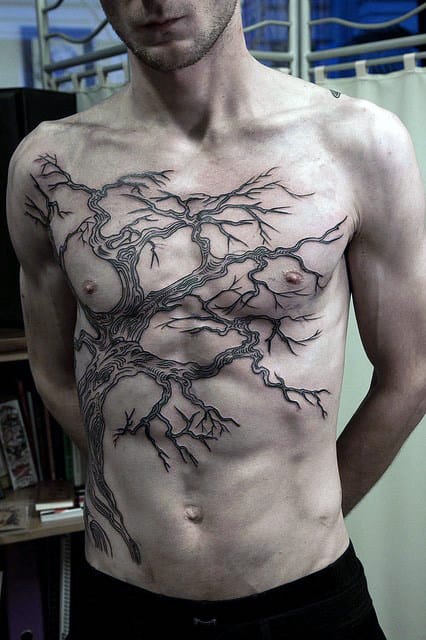 Gnarled Oak Tree Branches Tattoo On Torso For Guys
