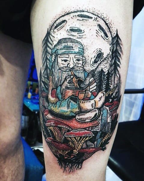 Tattoo of an old gnome smoking a pipe, sitting on mushrooms in a mystical forest under a full moon, with detailed linework and shading.