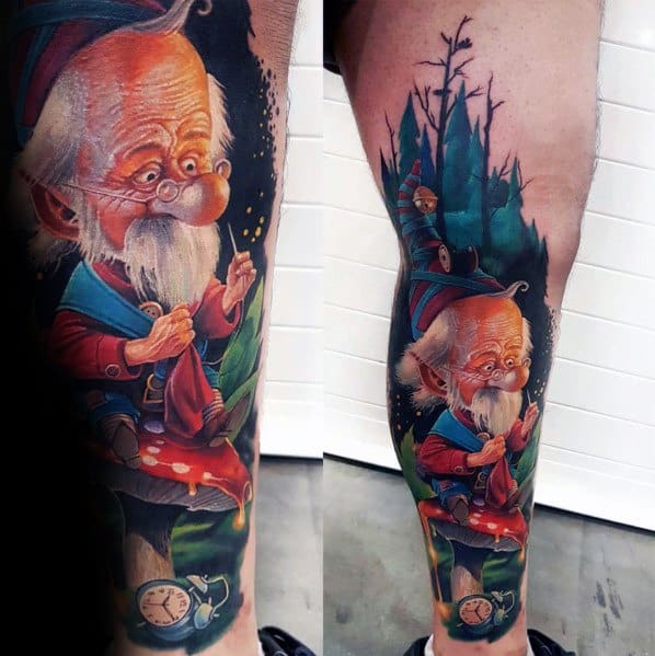 Tattoo of an elderly gnome with glasses sitting on a mushroom, holding a sack, surrounded by a forest scene with glowing fireflies and a pocket watch.