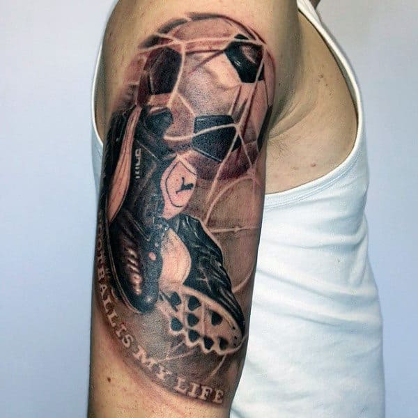 Goal With Shoes And Soccerball Mens Themed Half Sleeve Tattoos