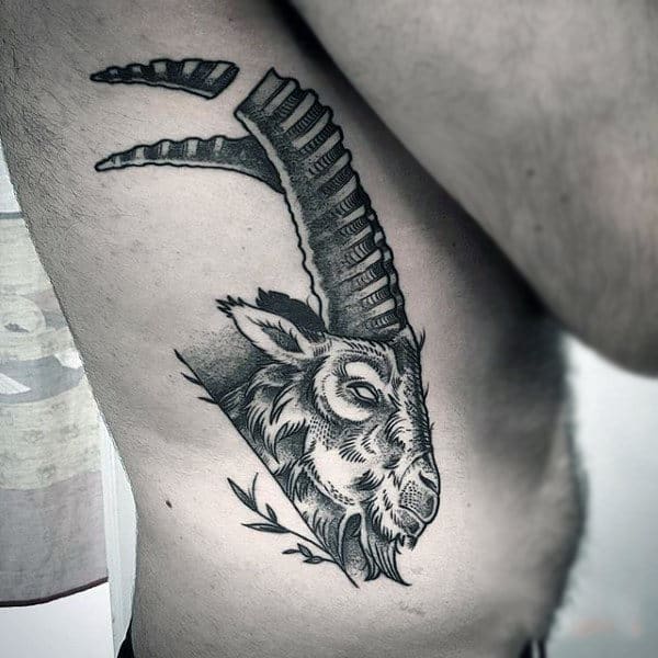 Goat Animal Mens Rib Cage Side Tattoo Traditional