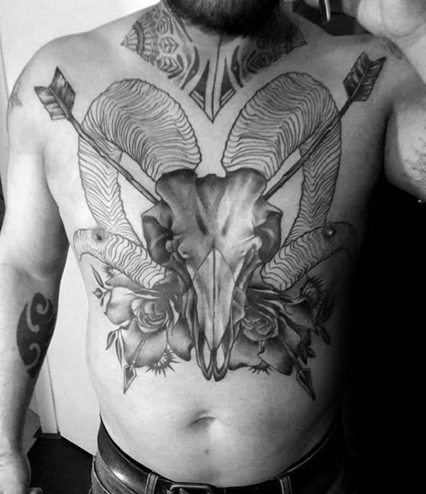 Goat Skull With Arroows Mens Chest Tattoos