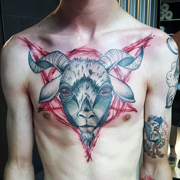 Goat With Pentagram Guys Chest Tattoo