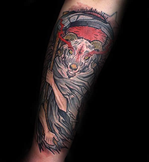 Goat With Scythe Grim Reaper Mens Forearm Tattoo Designs