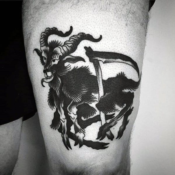 Goat With Scythe Mens Black Ink Old School Thigh Tattoos