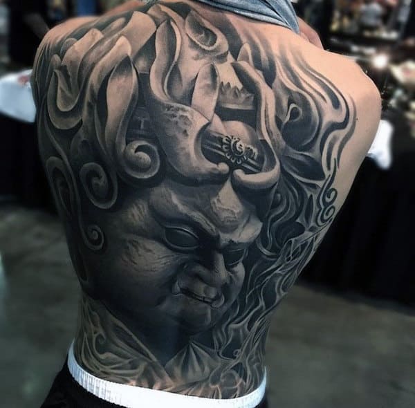 Goblin Portrait Tattoo With Greyish Flames Mens Full Back