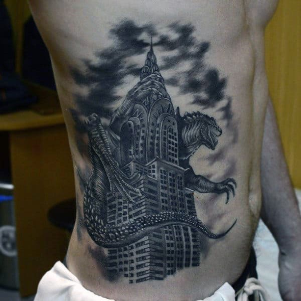 Godzilla Building Mens Rib Cage Side Tattoo Designs